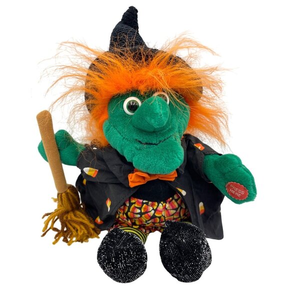 Animated Halloween Witch Plush With Her Hat Broomstick & Candy Corn Outfit Works - Picture 2 of 15